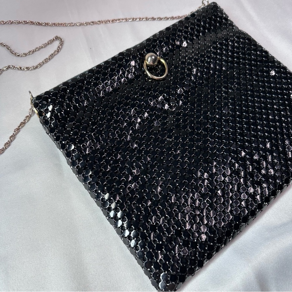 Vtg Black Mesh Chainmail Evening Bag Purse Hong‎ Kong 11" Hinge Pull Open